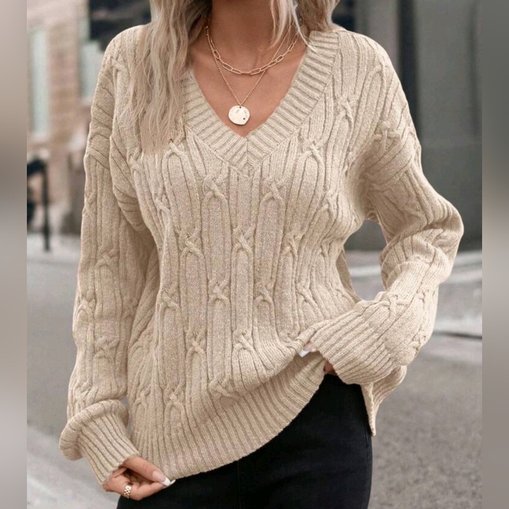 New Fancy Cable Knit Sweater Top Long Sleeve V Neck Beige Tan Cream - Picture 5 of 10
